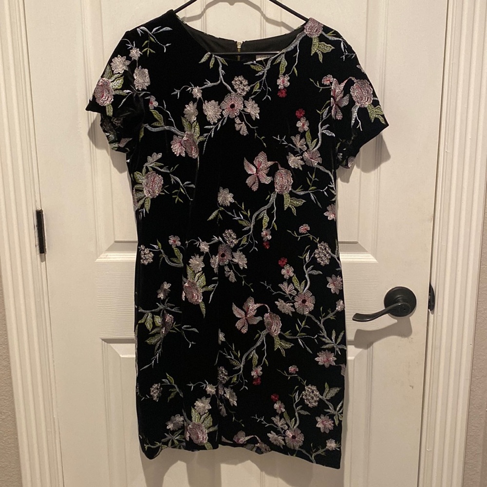 Calvin Klein black with floral print suede dress